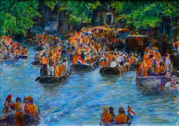 Kunstkaart Koningsdag: bootjes op de gracht