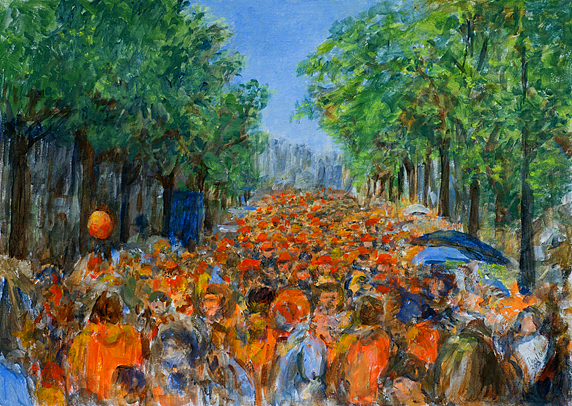 Kunstkaart Koningsdag: oranje mensenmassa