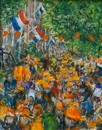 kunstkaart Koningsdag vlaggen feestgangers Amsterdam